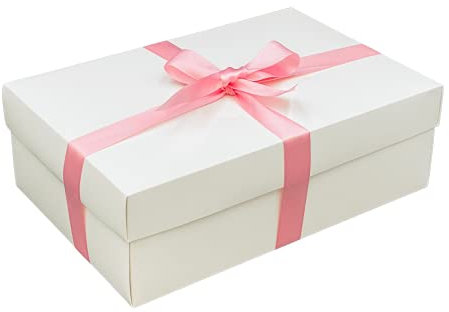 White Gift Box with Lid | Pick Your Ribbon Colour | Large Memory or Hamper Boxes | Flat-Packed Gift Boxes for Presents, Birthday or Baby Gifts | Size 30x20x10cm (Rose Ribbon 32)
