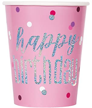 Unique- Vasos de Papel-266 ml-Diseño de Aluminio Rosa y Plateado Glitz-Paquete de 8, Color pink, happy birthday (82248)