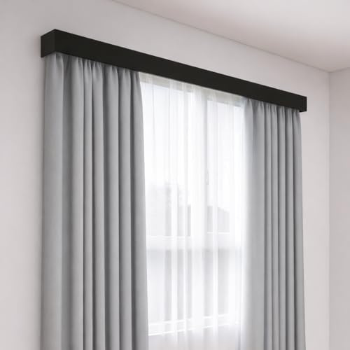 zshine Wall Mount Curtain Pelmet with Double Curtain Track, 3-in-1 Hidden Curtain Box Cover with Decorative Valance Panel for Window Curtains (Black