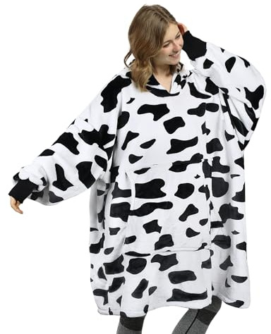 Catalonia Classy Oversize Hoodie Decke mit Ärmeln, Warm Kuscheldecke Geschenk für Frauen Herren, Übergröße Kuschelpullover mit Kapuze Flauschig Decke zum Anziehen, Kuh-Druck