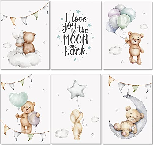 artpin® Poster Kinderzimmer Deko - Bilder Babyzimmer Junge Mädchen - Grau Mint Luftballon Teddy P80 (6xA4, P80)