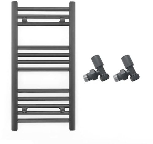 Myhomeware 300mm Wide Straight Anthracite Grey Heated Bathroom Towel Rail Radiator With Valves For Central Heating UK (With Angled Valves, 300 x 700 mm (h))