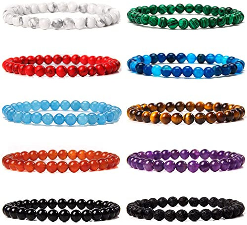 10Pièces Bracelet Pierre Naturelle pour Femme Hommes - Lapis Lazuli, Améthyste, Quartz Rose, Oeil de Tigre, Pierre de Lave - Perles Elastique