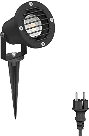 ledscom.de Foco de jardín DUK, de rejilla, con toma de tierra para exteriores, negro, IP65, incl. lámpara GU10 468lm, blanco cálido