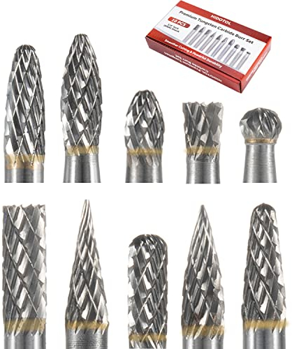 HIDOTOL Hartmetall-Fräser-Set, 10-teilig, 1/4-Zoll-Schaft, 6 mm, Wolframcarbid, Doppelschnitt, für Metall- und Holzschnitzerei, Schleifen, Polieren, Gravieren, Bohren.