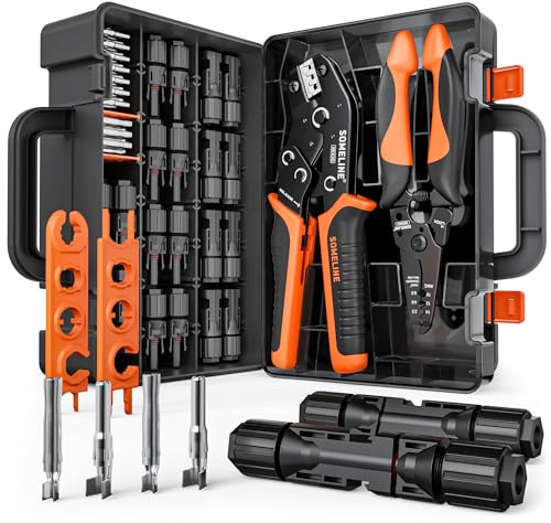 SOMELINE Solarstecker Crimpzange Set für 2.5/4/6mm² Solarkabel, 12 Paar Male Female Solarpanel Kabelstecker,1 Paar Solarstecker Schlüssel, Abisolierzange, PV Stecker Werkzeug, Solar Crimpzange