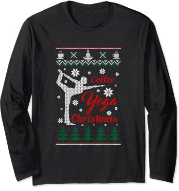 Coffee Yoga Ugly Christmas Sweater, Lustiges Herren Damen T-Shirt Langarmshirt