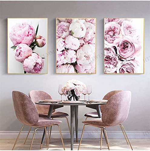 HTWLMM Rosa Blühende Blume Bilder Nordic Leinwand Poste Wandbilder Wohnzimmer Mädchen Schlafzimmer Deko Modern Kunst Badezimmer Bilder Poster Set Rahmenlos (3X60X90CM,2)