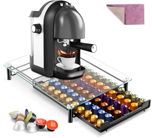HEVOL Porte Capsules pour Nespresso, Capacité 60pcs Rangement Capsule en Verre Transparent, Tiroir Capsules pour Nespresso pour Organisateur Capsule de Café, Livré avec Un Chiffon de Nettoyage