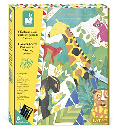 Janod - Coffret Peinture Aquarelle Animaux - Les Ateliers du Calme - Kit Loisir Créatif Enfant - 4 Tableaux Animaux Avec Dorure - Motricité Fine et Concentration - Dès 6 ans, J07959