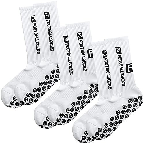 LoQuick Lot de 3 paires de chaussettes de football antidérapantes avec picots pour homme 39-46 - Chaussettes de compression pour le basket-ball, le yoga, la randonnée, la course à pied - Blanc,