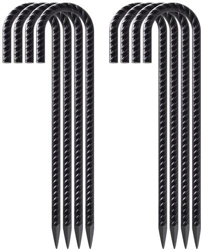 AAGUT 16 Inch 8 Pack Rebar Stakes 3/8 Heavy Duty J Hook Chain Link Fence Stakes with Chisel Point End Steel Ground Anchors for Tent and Outdoor Decorations, Black Coated