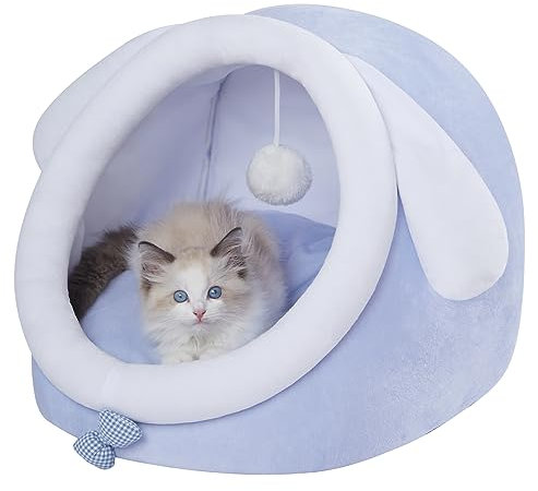Jiupety Nettes Katzenhöhle, Katzen höhle Katzen bettchen, Katzen Bett M (38 cm x 37 cm x 32 cm), Katzenkörbchen mit rutschfestem Boden, Katzenkorb mit Waschbare Abnehmbare Kissen, Blau