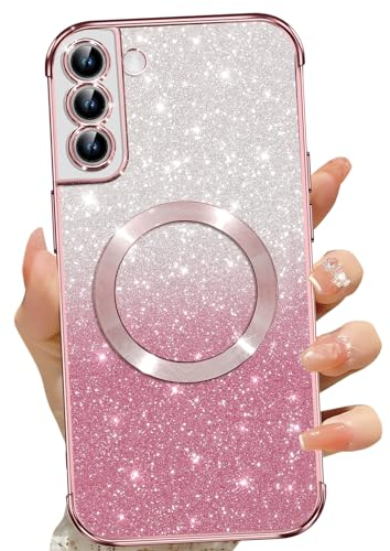 Phoona für Samsung Galaxy S21 Hülle, Magnetisch Handyhülle Kompatibel mit MagSafe, Keine Vergilbung, Kratzfeste, Ganzkörperschutz Glitzer Hülle für Samsung S21 5G, Mit 2 Schutzfolie, Rosa