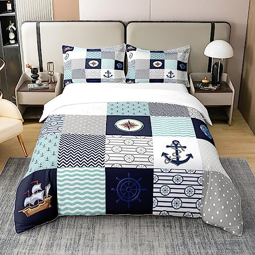 Seekompass 100% Baumwollbettwäsche für Kinder Erwachsene, Streifen Checkers Navy Blue Bettbezug 155x220,Ocean Exploration Anker Segelboot Komfortbezug 1 Kissenbezug