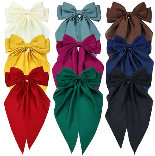 Yoosit 9 Pack Oversized Satin Hair Bows White Pink Red Blue Green Black Hair Accessories Bowknot with Long Tail Ribbon Giant Hair Bow Clips French Barrettes for Women Girls' Ponytails and Buns