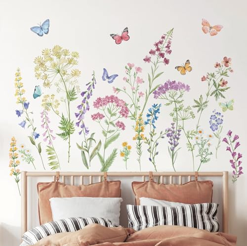 wondever Wandtattoo Garten Blumen Wandaufkleber Bunt Blume Schmetterlinge Wandsticker Wanddeko für Wohnzimmer Schlafzimmer Kinderzimmer