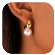 CHSKY Pearl Earrings for Women, 14K Gold Plated Quality Handpicked AAA+ Freshwater Cultured Round Pearls Small Gold Hoops Trendy Dangle Pearl Drop Earrings Jewelry Gifts for Women