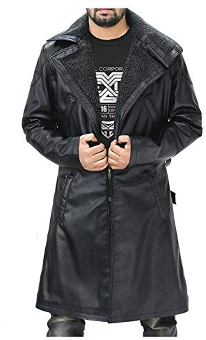 LP-FACON Ryan Gosling Blade Officer K Runner 2049 Giacca - Spolverino in pelle da uomo - Trench in pelle nera con collo di pelliccia, Vera pelle nera., XXXXL