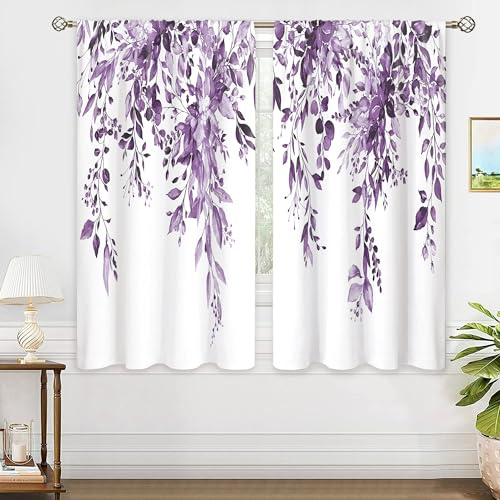 Oolygoo Fenstervorhänge, Lila, Eukalyptus, botanisches Muster, Blätter, florales Motiv, Aquarell, Blume, Pflanze, Wildblume, Landhausstil, rustikal, Vorhänge mit Kräutermotiv für Schlafzimmer