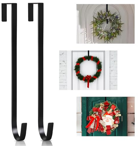 PECULA 2 Pack 14” Wreath Hangers for Front Door, Wreath Door Hanger 40lb Load-Bearing, Metal Wreath Hanger for Welcome Sign, Door Wreath Hanger for Christmas Halloween Easter Decoration (Black)