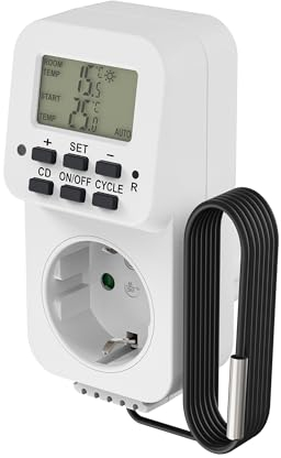 conecto presa termostatica digitale, con sensore esterno e timer, per terrario, serra, affumicatore, riscaldamento, regolatore di temperatura, raffreddamento e monitoraggio del gelo, 3600 watt, bianco
