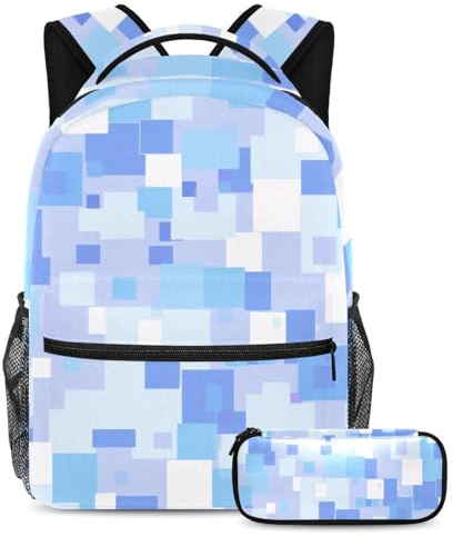 Organisieren Sie sich mit diesem 2-teiligen Schultaschen-Set für Kinder, Rucksack mit Federmäppchen für Jungen, Mädchen und Teenager, blau, quadratisch, geometrisch, mehrfarbig, B：29.4x20x40cm\