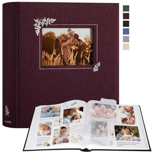 Lanpn Fotoalbum zum Selbstgestalten und Einkleben, Großes Leinen Fotobuch Fensterdesign 100 weißen Seiten mit Pergamin Trennblätter Fasst 9x13cm 10x15cm 13x18cm Fotos (30x33,5cm, Lila)