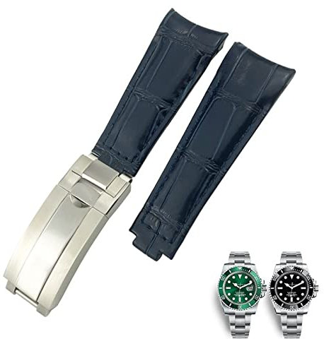 OPKDE 20mm Curved End Watchbands Leather Strap Fit for Rolex 116610 Submariner Oyster GMT Daytona Slide Lock Buckle Cowhide Bracelets (Color : Dark blue, Size : 20mm-Black Buckle)