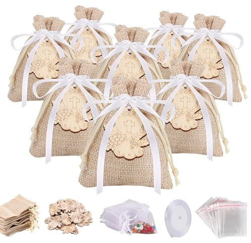 24PCS Sachet Dragees Communion Jute Contenant Bapteme Fille Pochon Souvenir Cadeau Invité Garcon Toile Pochette Confirmation Emballage Sacs et 24PCS Calice en Bois, pour Mariage Naissance Communion