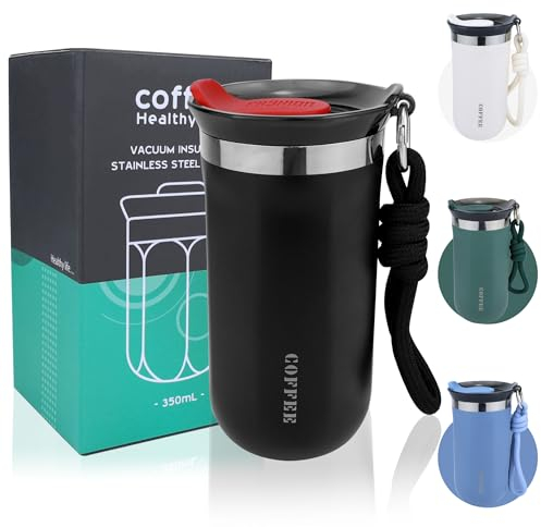Disoza 340 ml Thermobecher Kaffeebecher to go Thermo Becher mit Deckel Termokaffeebecher Thermotasse Trinkbecher mit Deckel Kaffee to go Kaffeebecher Schwarz Thermobecher Travel Coffee Mug