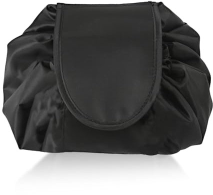 Lazy Drawstring Makeup Bag,Black Make up Bag for Women,Fold Out Small Flat Lay Makeup Bags,Draw String Makeup Organiser Bags,Travel Makeup Pouch Storage Organiser for Travel,Business Trip