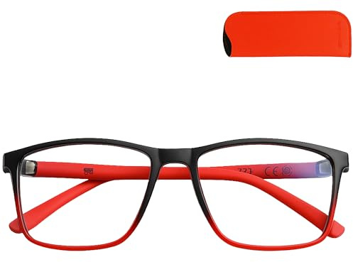 Blaulichtfilter Brille Flex rechteckig für Damen und Herren schwarz-rot | Schwarz-roter Kunststoffrahmen mit flexiblen Bügeln und orangefarbenem Etui, das angenehm in der Hand liegt