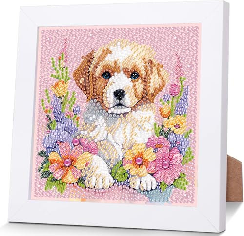 luckyarina Hund Diamond Painting Kinder mit Rahmen- Tiere Diamant Painting Bilder kinder, 5D Diamond Painting Kinder als Geschenk für Home Wand Décor 18X18CM