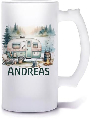Unikatolo Bierkrug mit Name personalisiert, Glasbierkrug individuell bedruckt | Biergeschenk für Männer zum Geburtstag (Camper)