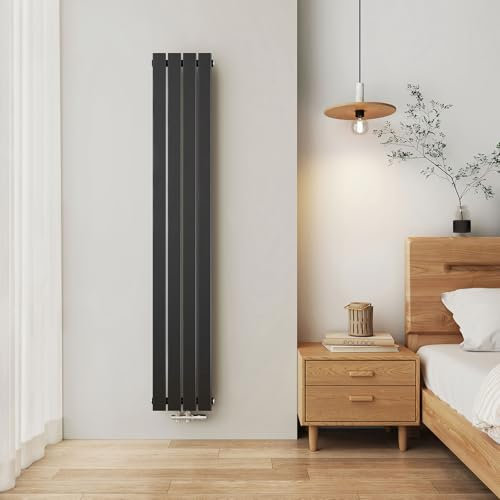 EMKE Radiador Compacto Vertical 1800x300 mm, Estrecho y Alto para Baño, Panel Plano Mural, Conexión Central, Diseño Elegante, 627 Vatios, Negro