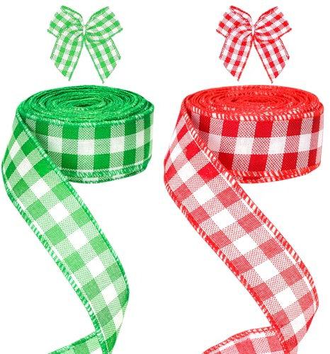 G2PLUS Rot und Grün Weihnachten Juteband, 40mm Breit Geschenkband zum Basteln, 20M Kariertes Sackleinen Band mit Draht, Weihnacht Dekoband für Geschenk, Weihnachtskranz, Weihnachtsbaum