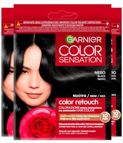 Garnier Color Sensation Color Retouch Permanente Haarfärbung, deckt 100 % weißes Haar ab, einfache Anwendung, Farbe Schwarz – 3 Farben
