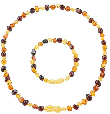 ELEGAMBER Baltische Bernstein Schmuckset, Halskette und Armband, Mehrfarbiger Bernstein in Gelb und Braun (Goldgelb und rot Satz, 32cm)