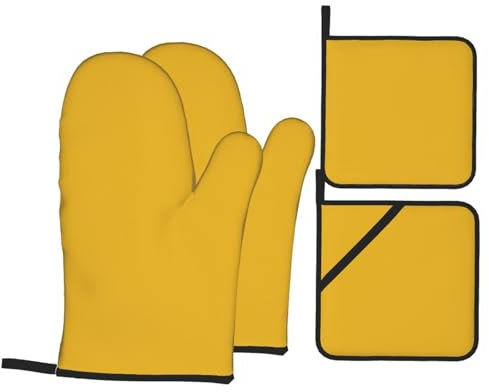 Juego de guantes de horno y soportes para ollas de color dorado sólido para máxima seguridad y comodidad en la cocina, 4 juegos