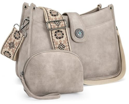 APHISON Umhängetasche Damen Handtasche Mittelgroß grau Crossbody Bag mit Breiter Gurt Hobo Bag Schultertasche veganem Leder Tasche 2 Schulterriemen Kartenschlitz Reisetasche