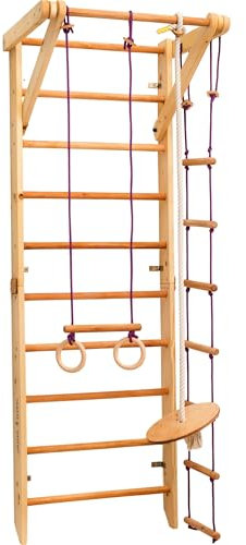 Kletterwand für Kinder und Erwachsene – Klettergerüst Indoor aus Holz mit Wand-Reck, Stange, Gymnastikringen, Kletterseil, schwedischer Leiter
