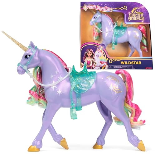 Unicorn Academy Einhorn Wildstar - 28 cm groß, Original-Einhorn von Sophia zur Netflix-Serie, mit echter Mähne und Schweif, abnehmbarem Zaumzeug und Sattel sowie Bürste, für Kinder ab 4 Jahren