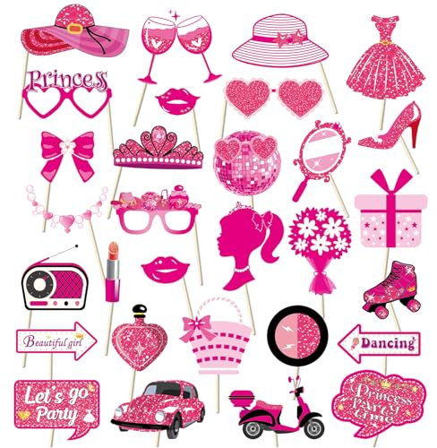 Set di 30 accessori per cabina fotografica per feste di Barbie, colore rosa, per donne e ragazze, accessori per cabina fotografica per selfie di Barbie, accessori per feste di compleanno per ragazze,