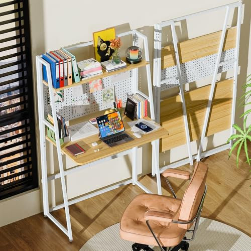 Lvhecforhm Eichenholz-Schreibtisch, faltbar, für Computer mit doppelten Regalen, 80 x 48 x 138 cm, Computer