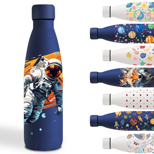 Gourde Isotherme, 500ml Gourde Enfant, Gourde Personnalisée avec Astronaute, Gourde Sport Sans BPA, Double Paroi Isolante, Bouteille d'eau anti Fuite, Thermos pour École, Bureau, Voyage, Sports, Blanc