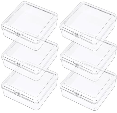 Prmape Pack of 6 Thickening Storage Boxes with Lid, Large, 10.5 x 10.5 x 3.5 cm, Rectangular Empty Mini Storage Box, Large Clear Plastic Beads Storage Container Box for Craft Accessories