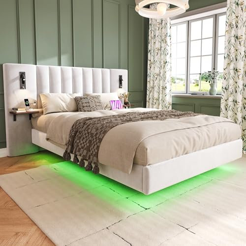 Merax Double bed frame, 4ft6 Double Upholstered Bed, 2 bedside reading lights with charging socket, Soft headboard with Storage Flat Panel, light strip under the bed, White/Velvet, 135CM*190CM