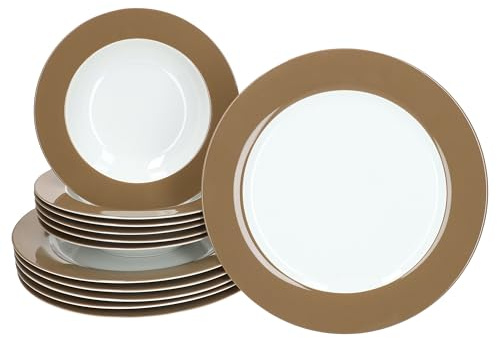 Ritzenhoff & Breker Nougat Doppio Service de table 12 pièces en porcelaine blanc-marron pour 6 personnes, 6 assiettes creuses et 6 assiettes plates, assiettes plates et assiettes creuses pour