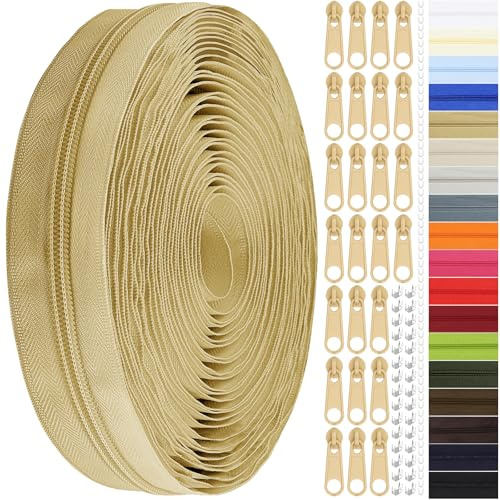 Endlos Reissverschluss mit Zipper, 3mm 11m Nylon Endlosreißverschluss Meterware und 25 Zipper aus Metall für Kleidung Tasche Mäppchen Bettwäsche (Beige, #3)